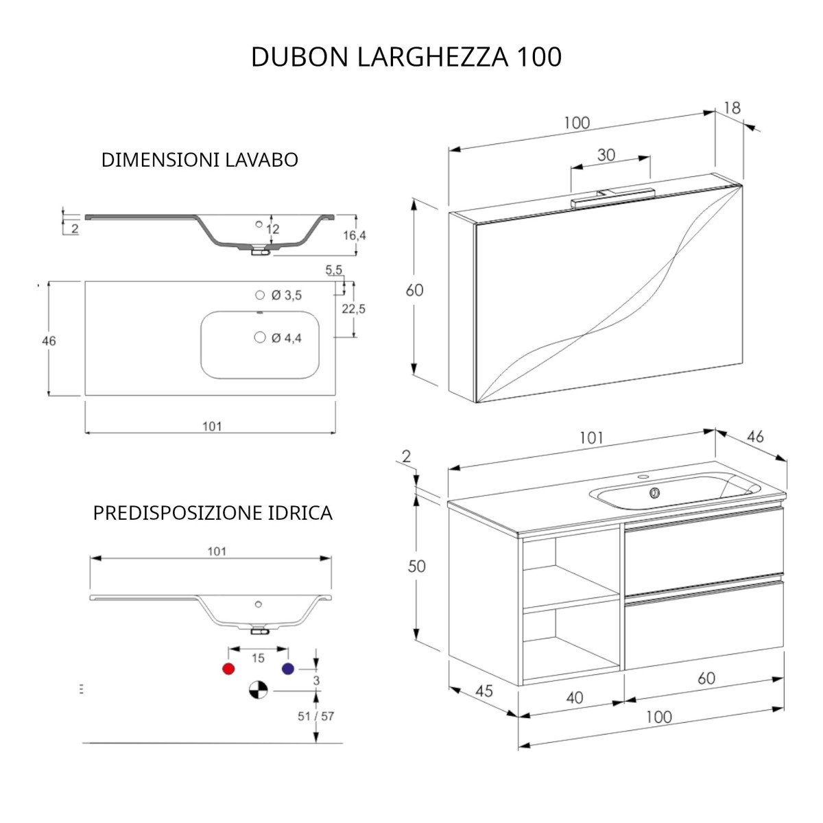 Meuble de salle de bain suspendu 100cm avec étagère et miroir DUBON gris chaud