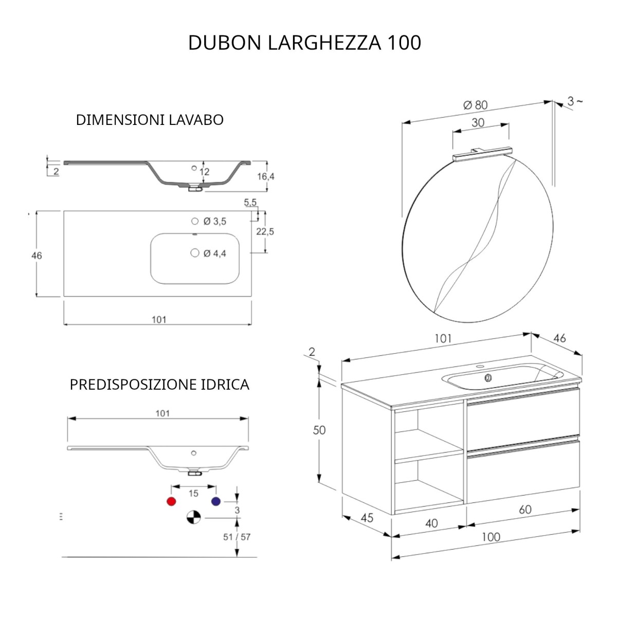 DUBON hängender Badezimmerschrank 100 cm mit Regal und Spiegel in Farnia-Eiche