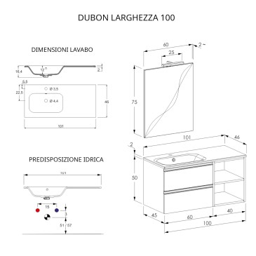 Mobile bagno sospeso 100cm con ripiano e specchio grigio caldo DUBON