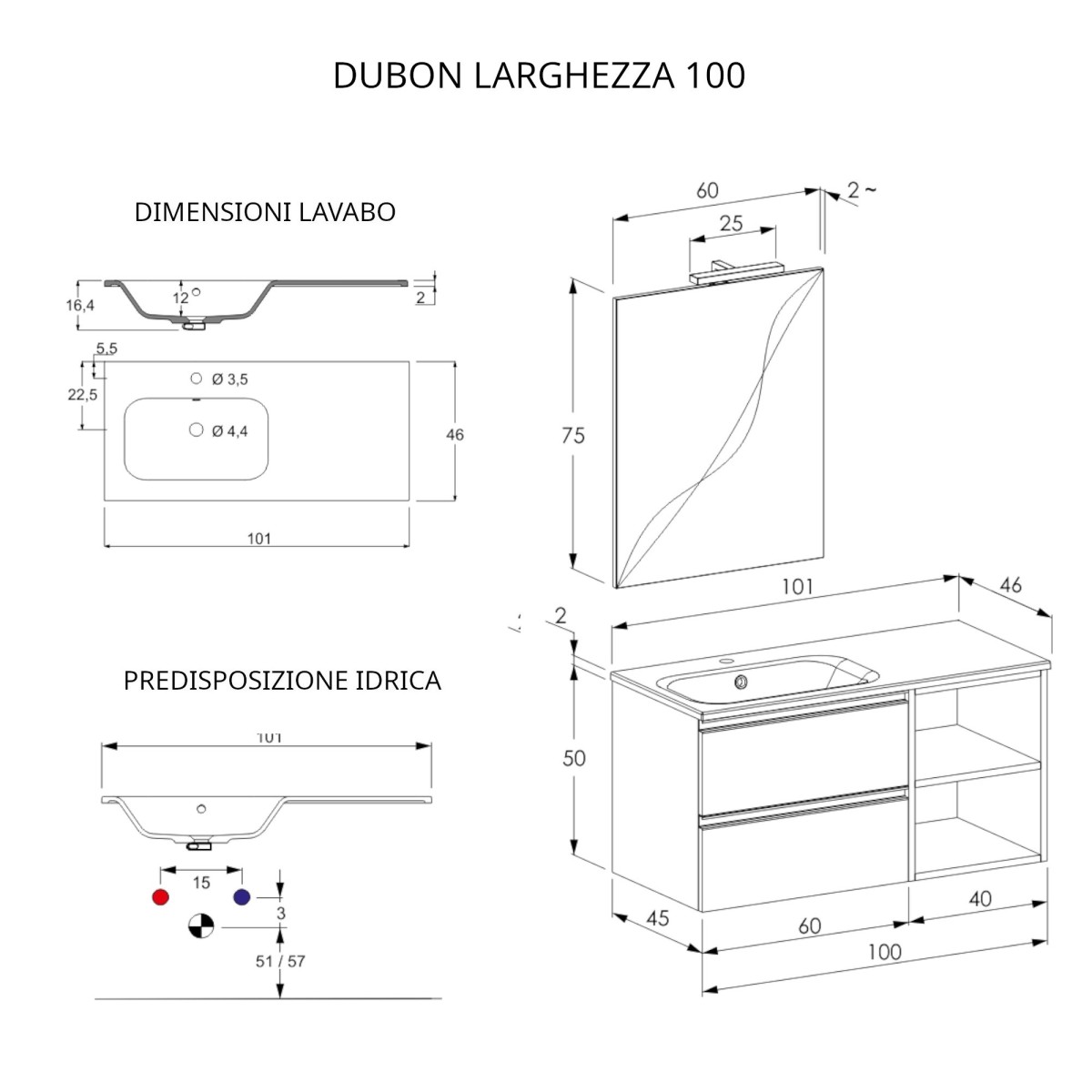 DUBON hängender Badezimmerschrank 100 cm mit Regal und Spiegel in Farnia-Eiche