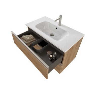 Meuble de salle de bain suspendu 80cm avec miroir DUBON chêne