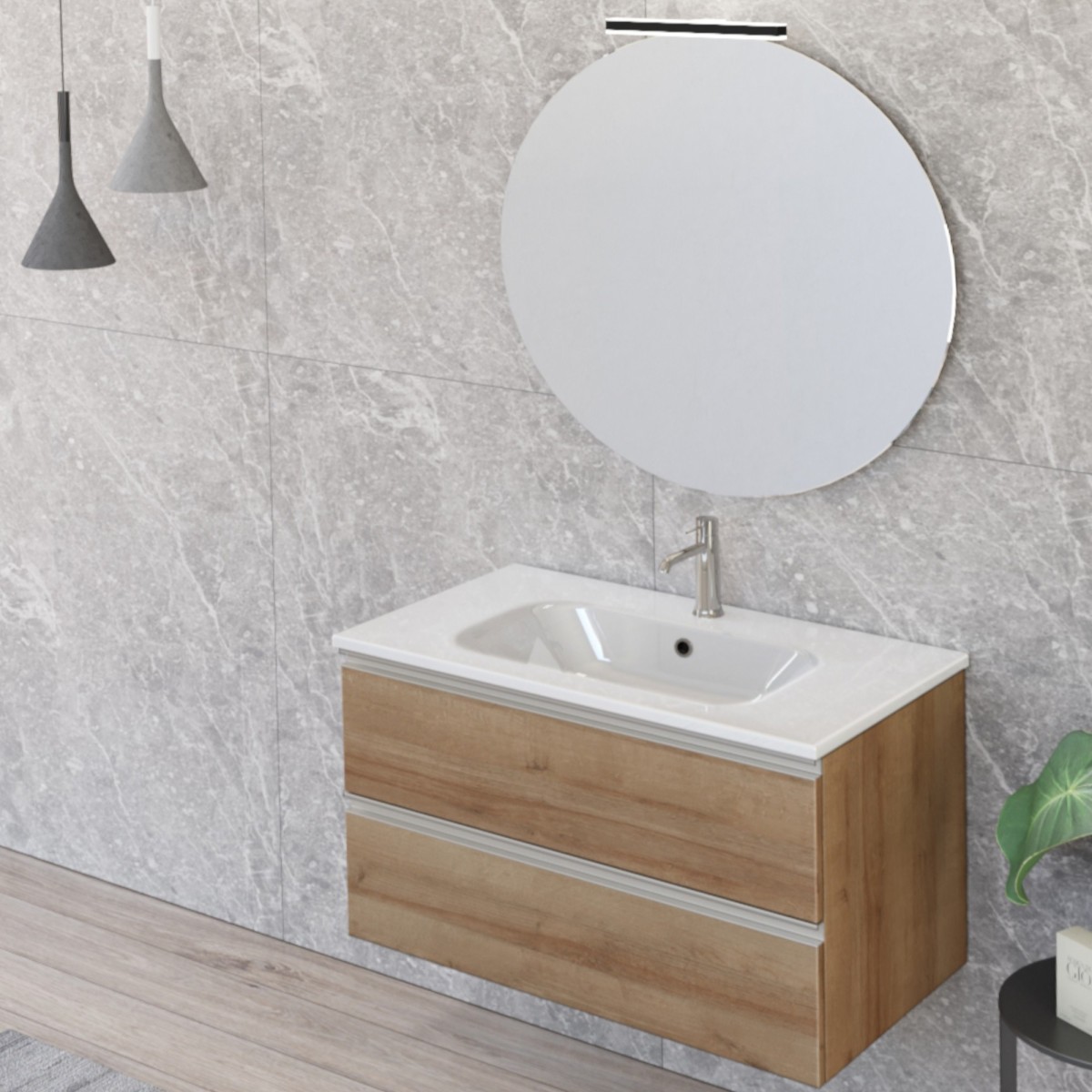 Meuble de salle de bain suspendu 80cm avec miroir DUBON chêne