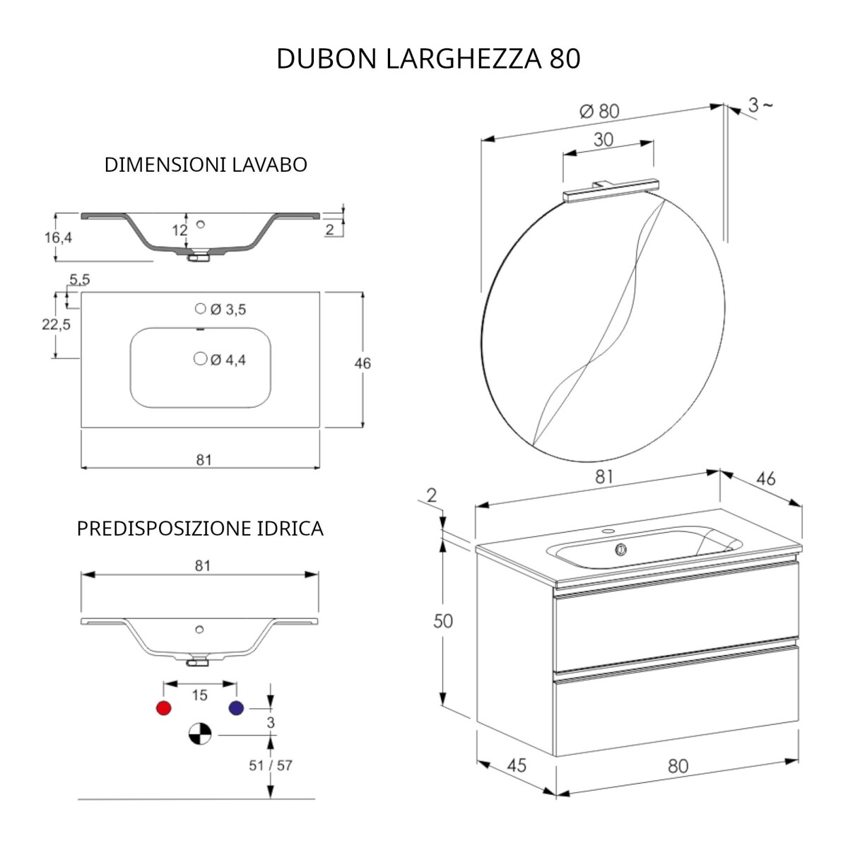 Meuble de salle de bain suspendu 80cm avec miroir DUBON chêne