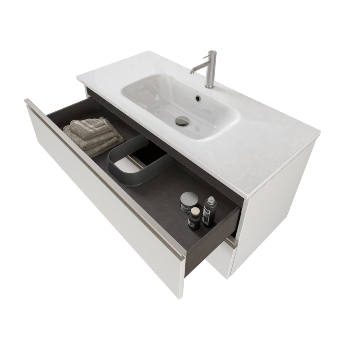 Meuble de salle de bain suspendu 100cm deux tiroirs et miroir blanc mat DUBON