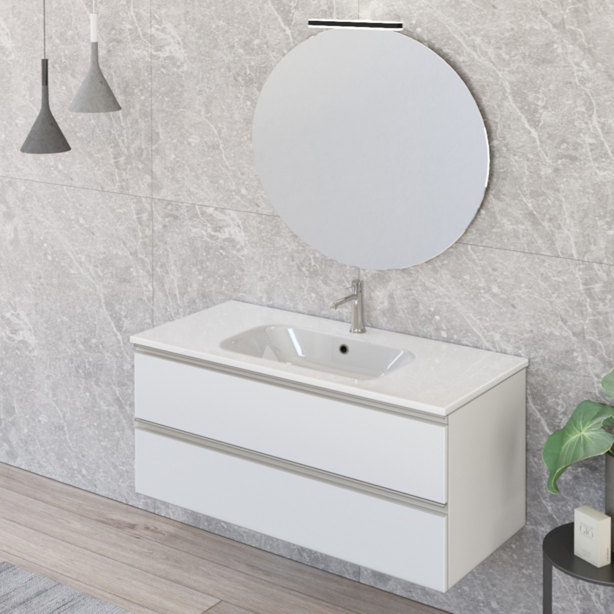 Meuble de salle de bain suspendu 100cm deux tiroirs et miroir blanc mat DUBON