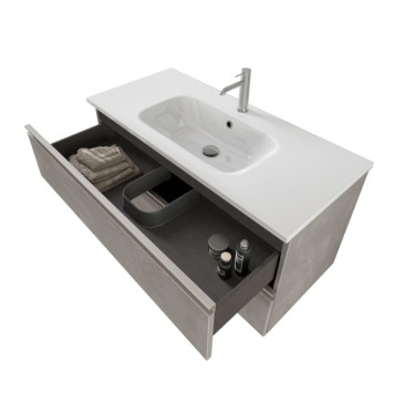 Meuble de salle de bain suspendu 100cm 2 tiroirs et miroir DUBON gris chaud