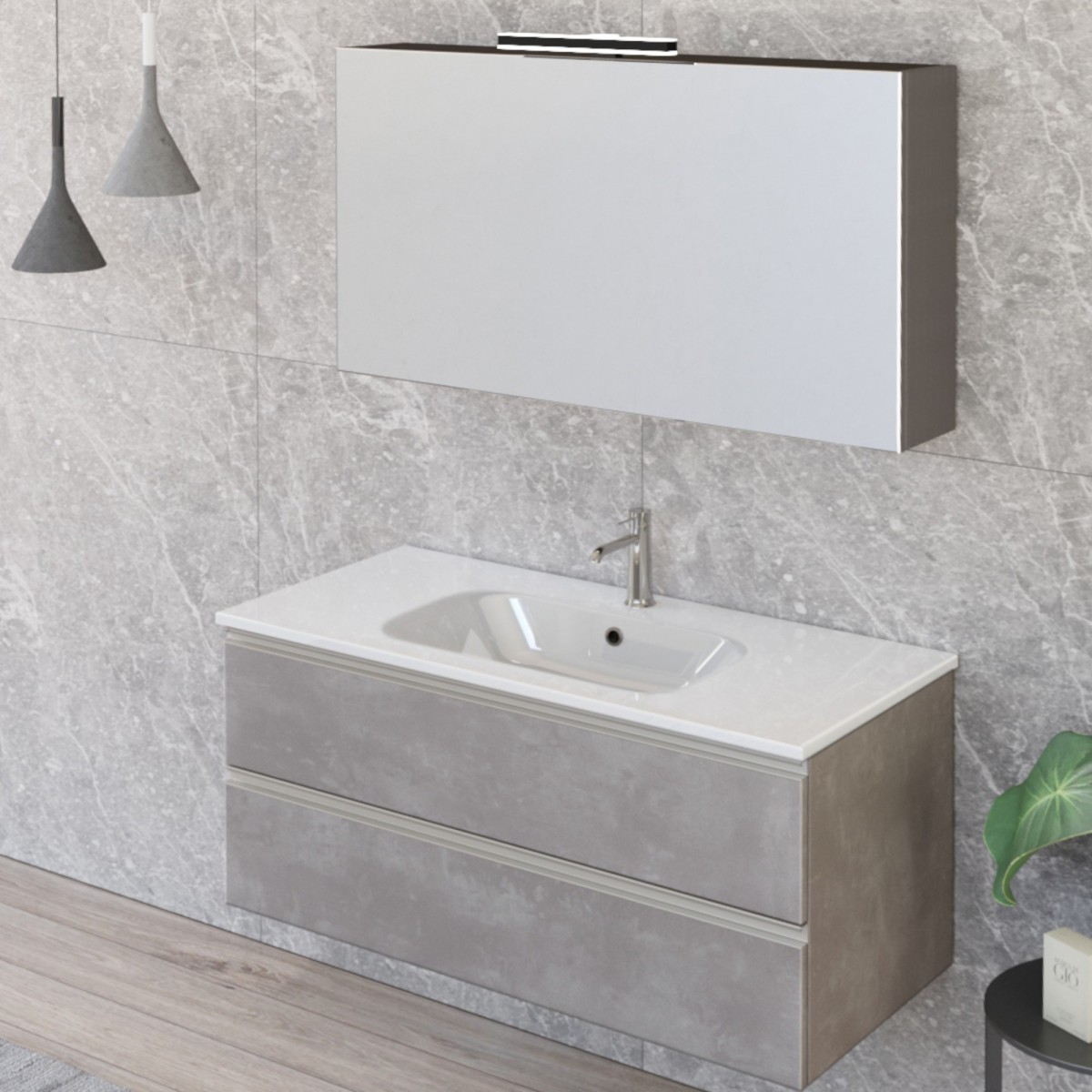 Meuble de salle de bain suspendu 100cm 2 tiroirs et miroir DUBON gris chaud