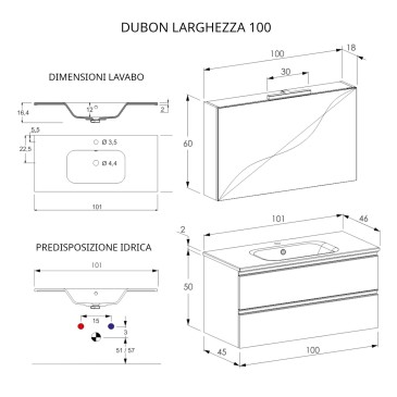 Hänge-Badezimmerschrank DUBON, warmgrau, 100 cm, 2 Schubladen und Spiegel