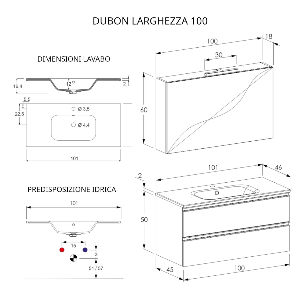 Hänge-Badezimmerschrank DUBON, warmgrau, 100 cm, 2 Schubladen und Spiegel