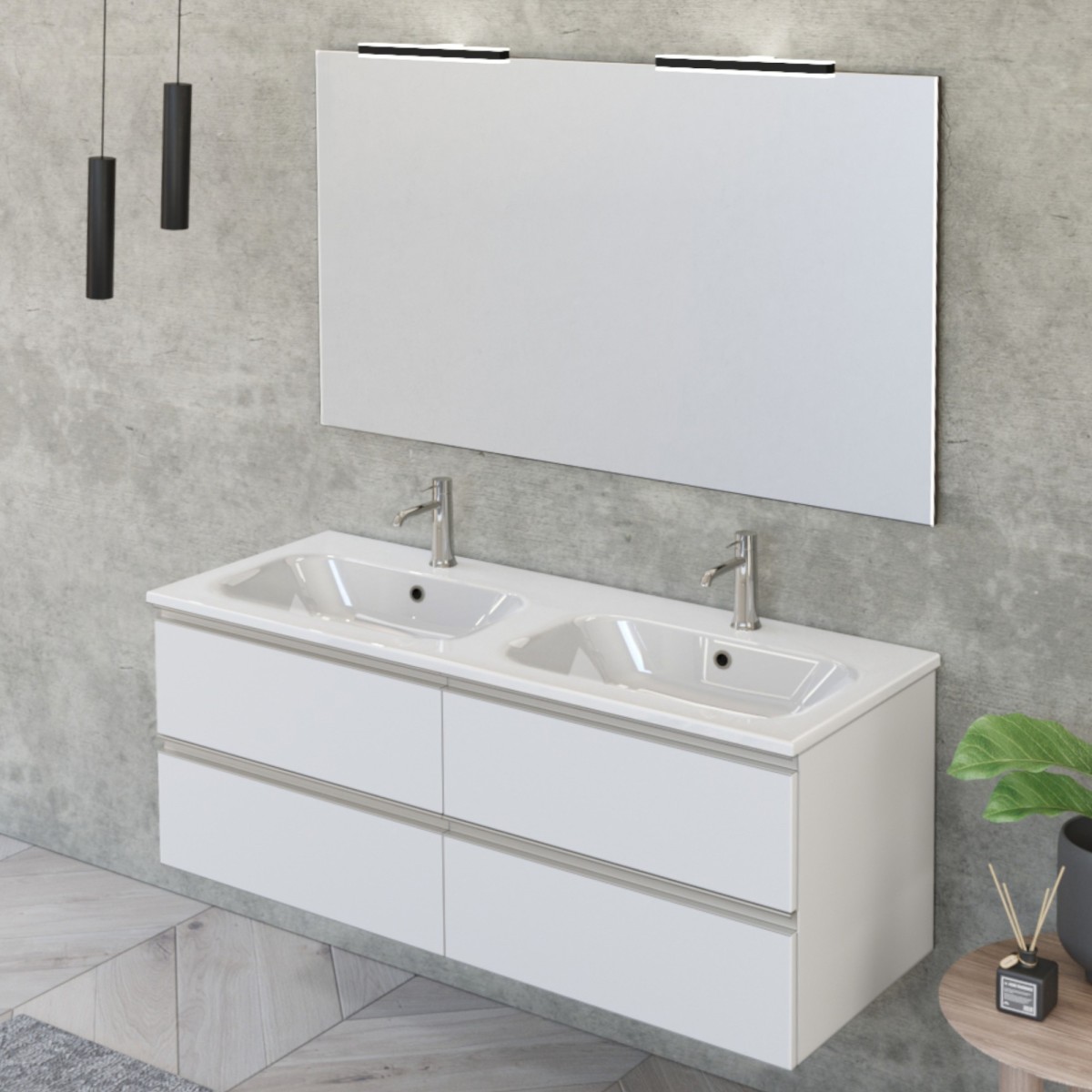 Meuble de salle de bain suspendu 120cm avec miroir blanc mat DUBON