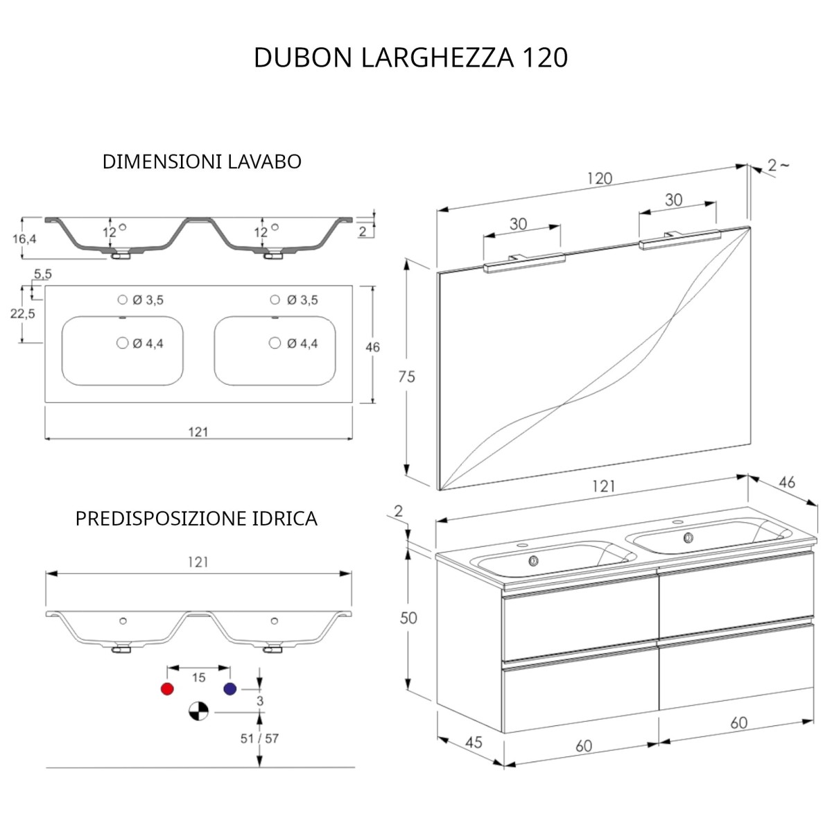 Meuble de salle de bain suspendu 120cm avec miroir blanc mat DUBON