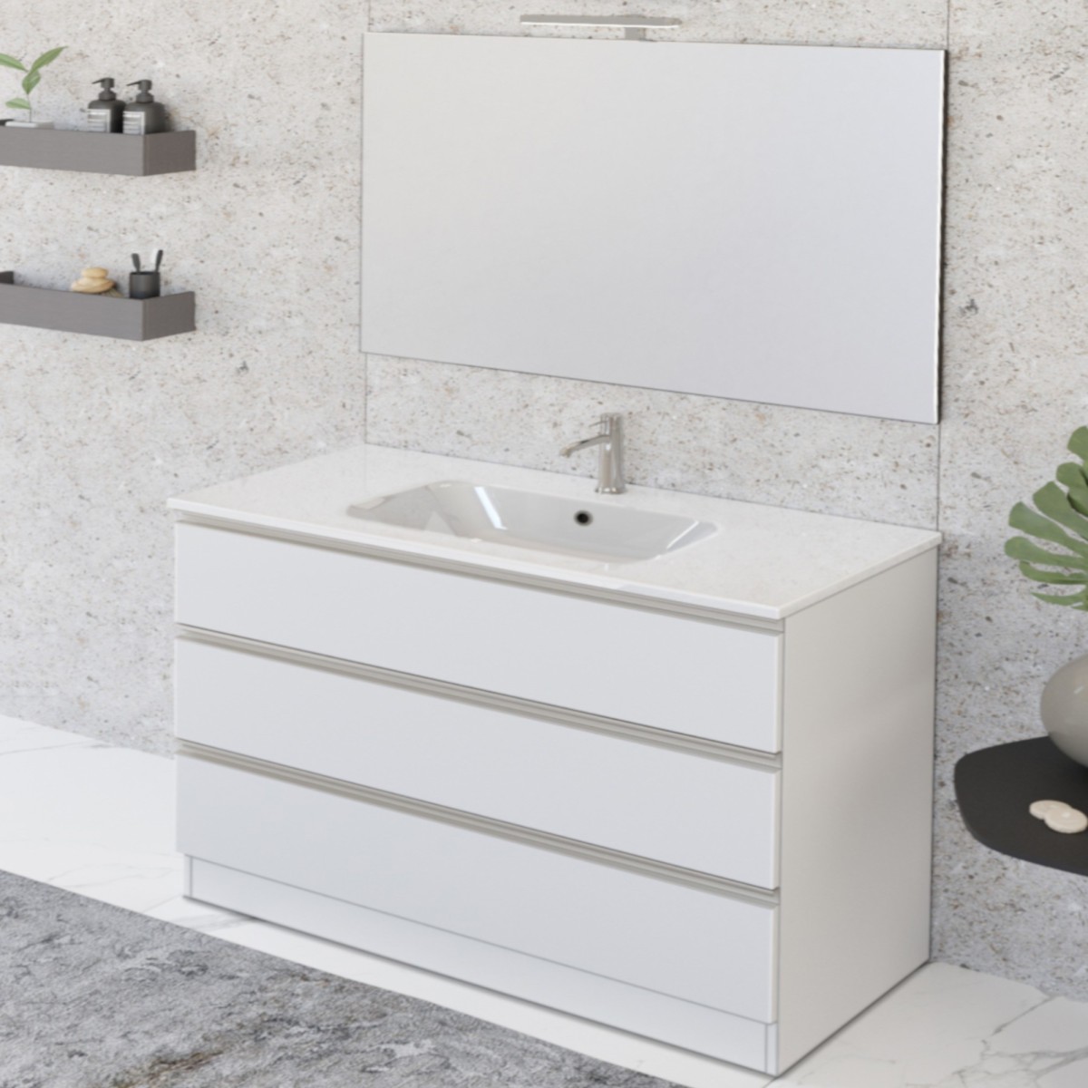 Meuble de salle de bain sur pied 100cm avec miroir blanc mat DUBON