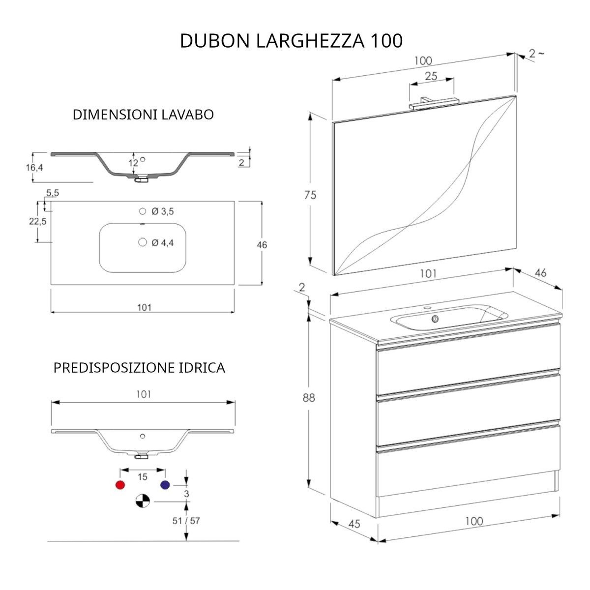 Meuble de salle de bain sur pied 100cm avec miroir blanc mat DUBON