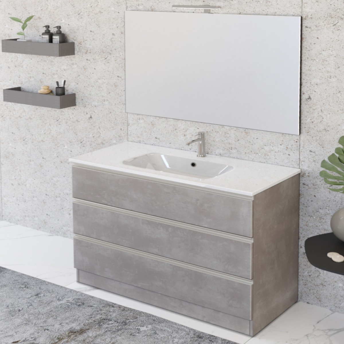 Meuble de salle de bain sur pied 100cm avec miroir béton gris chaud DUBON