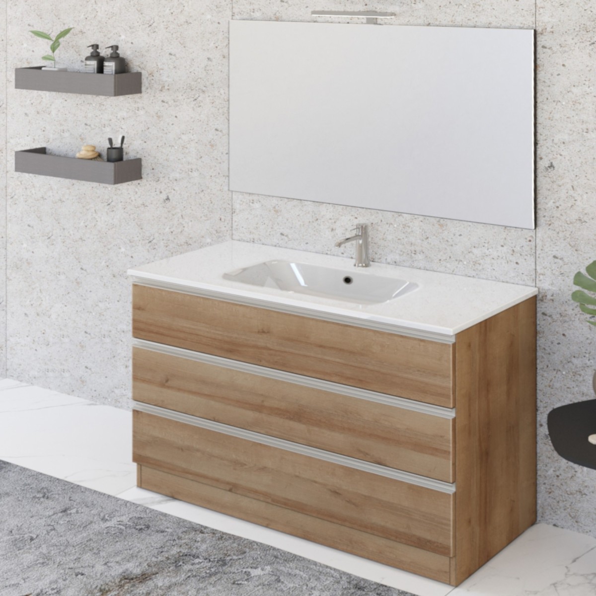 Meuble de salle de bain sur pied 100cm avec miroir DUBON chêne