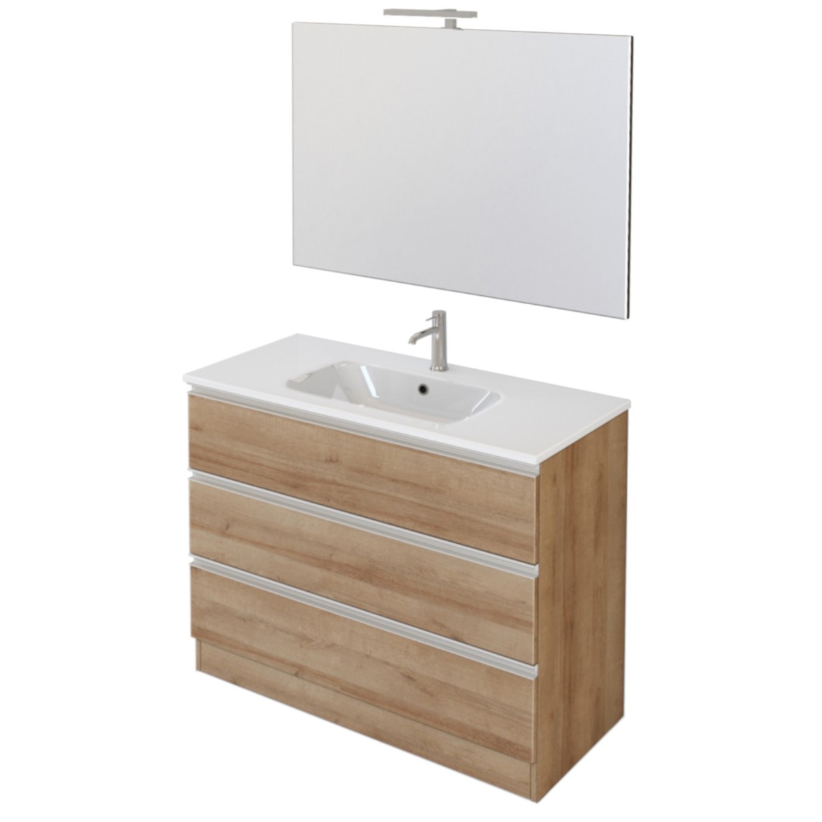 Meuble de salle de bain sur pied 100cm avec miroir DUBON chêne