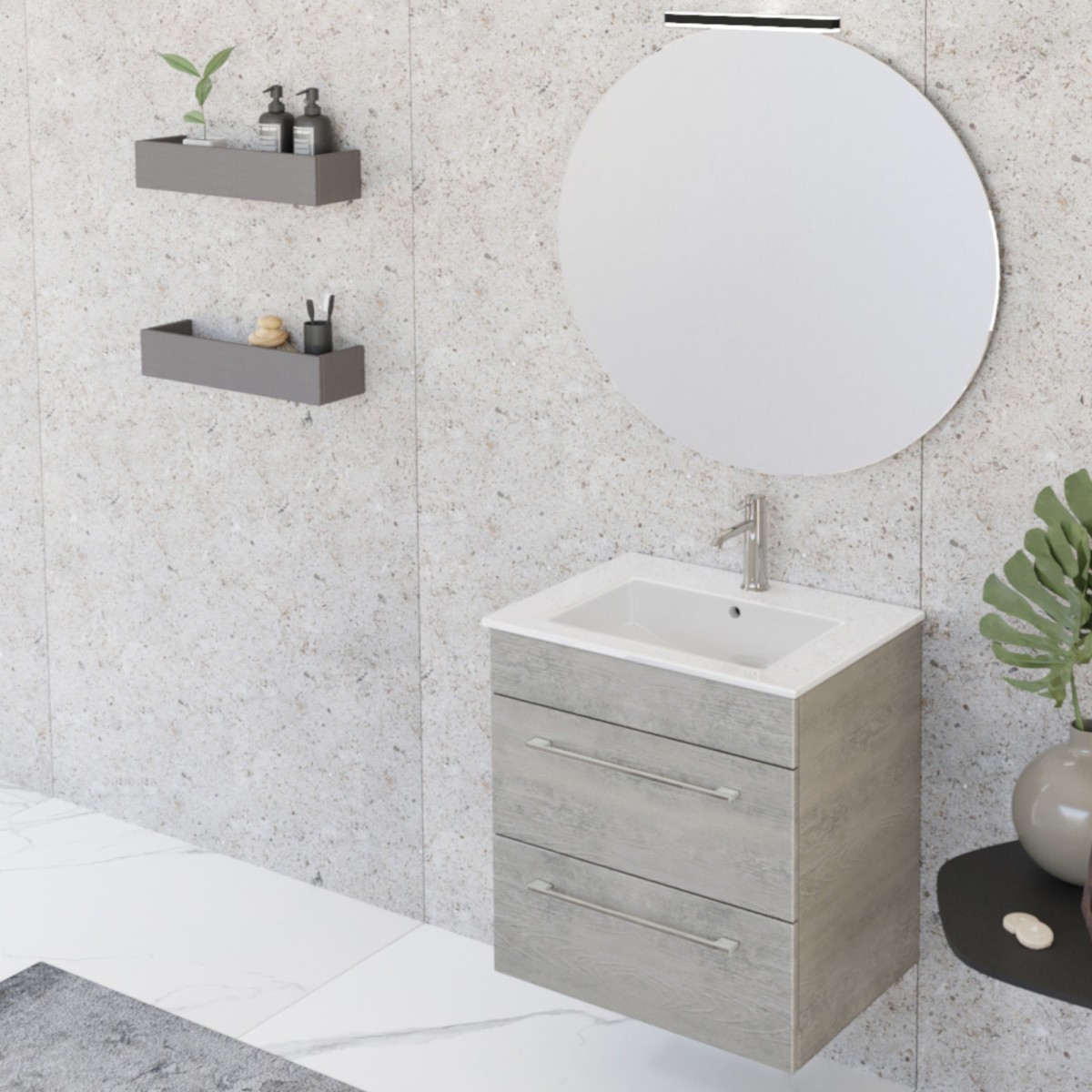 Meuble de salle de bain suspendu 55cm avec miroir en bois béton EASY