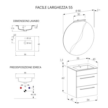 Mobile bagno sospeso 55cm con specchio cemento legno FACILE