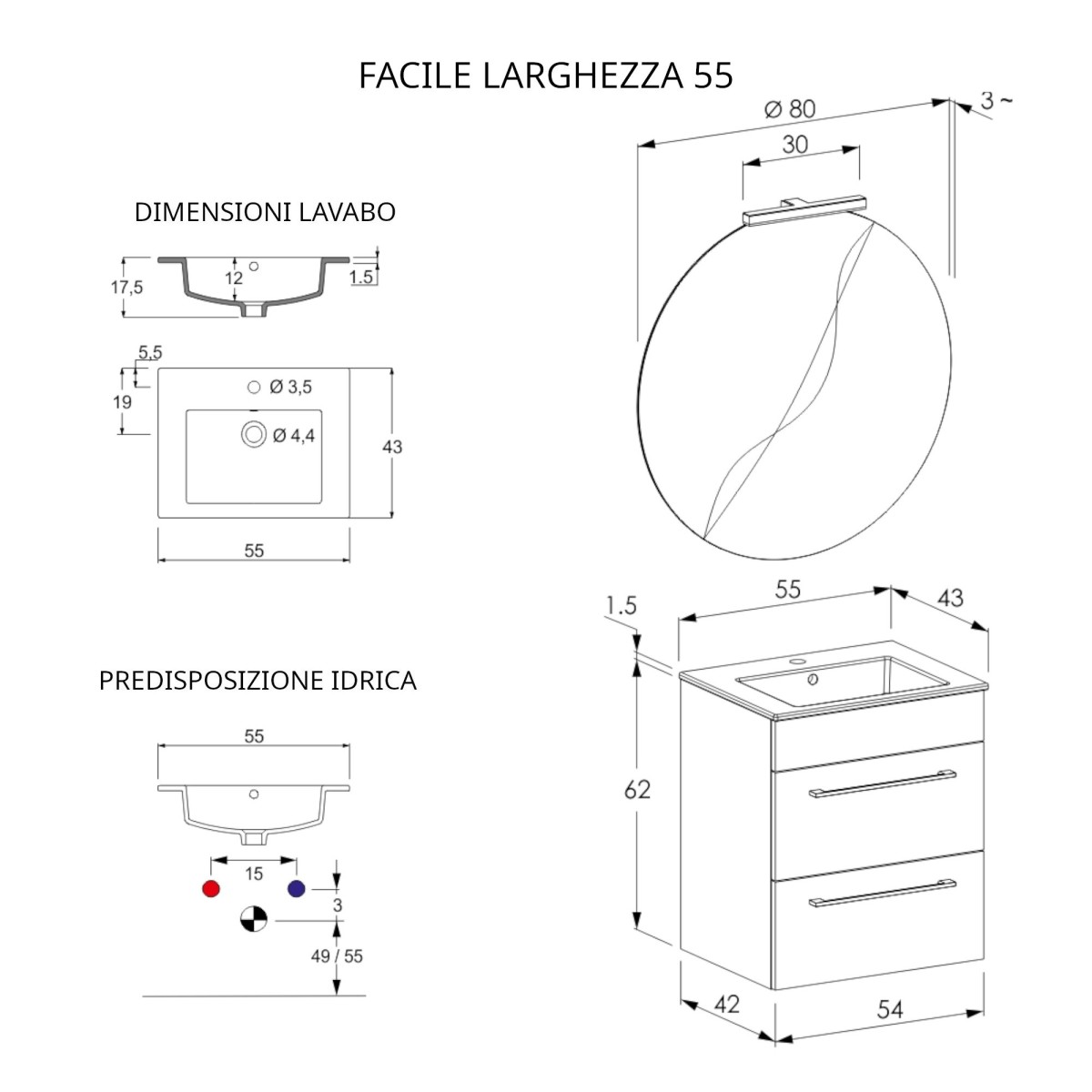 Meuble de salle de bain suspendu 55cm avec miroir en bois béton EASY