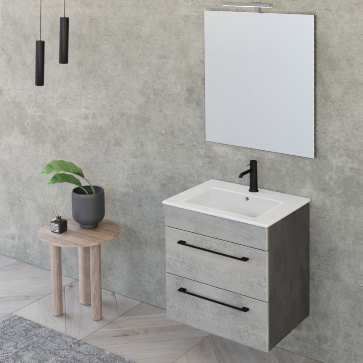 Mobile bagno sospeso 55cm con specchio cemento legno e lava FACILE