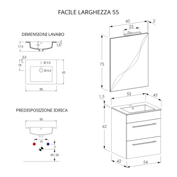 Mobile bagno sospeso 55cm con specchio cemento legno e lava FACILE