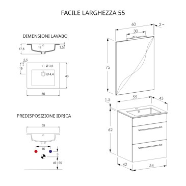 Hängender Badezimmerschrank, 55 cm, mit Ulmenspiegel und FACILE-Lava