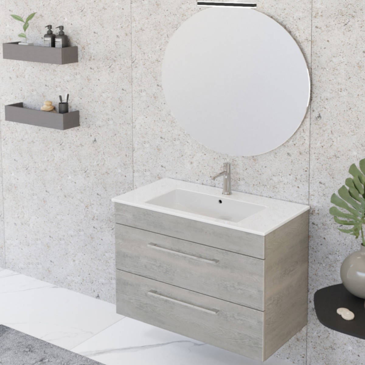 Meuble de salle de bain suspendu 80cm avec miroir en bois béton EASY