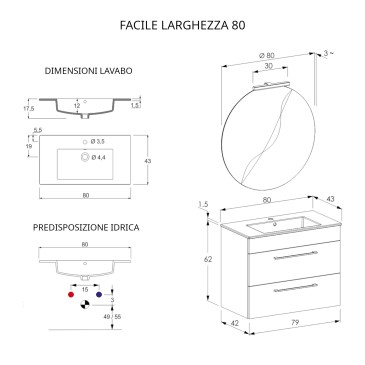 80 cm langer hängender Badezimmerschrank mit FACILE-Spiegel aus Holzbeton