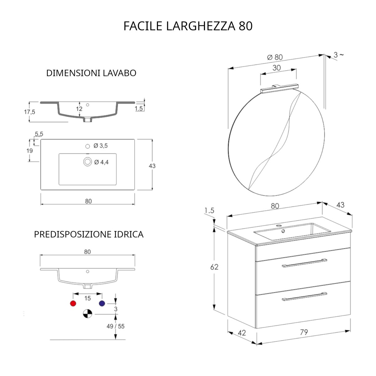 Meuble de salle de bain suspendu 80cm avec miroir en bois béton EASY