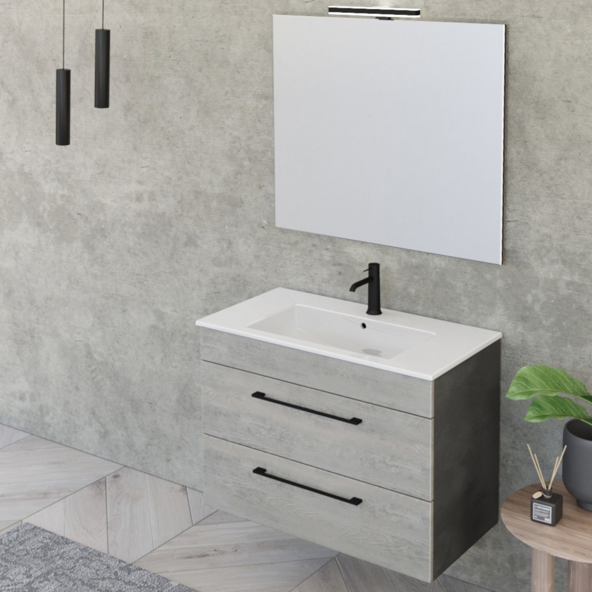 Meuble de salle de bain suspendu 80cm avec miroir béton, bois et lave EASY