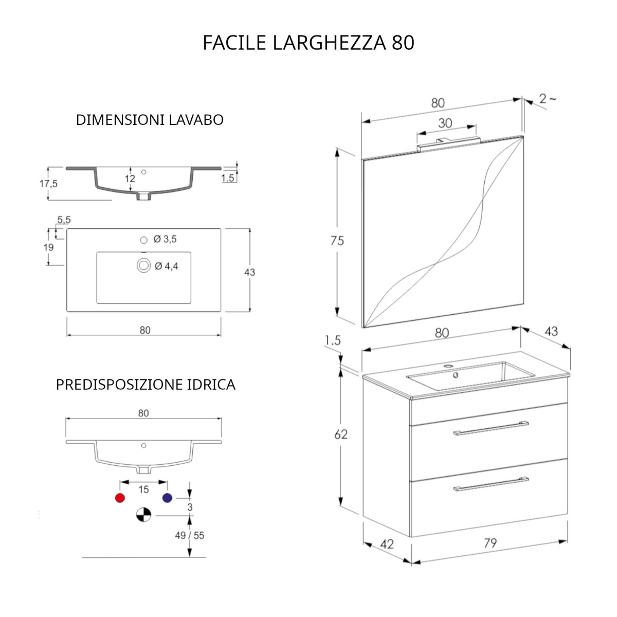 80 cm langer hängender Badezimmerschrank mit Spiegel, Beton, Holz und FACILE Lava