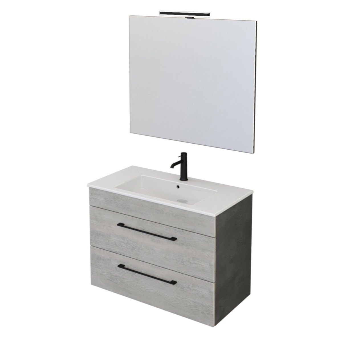 Meuble de salle de bain suspendu 80cm avec miroir béton, bois et lave EASY