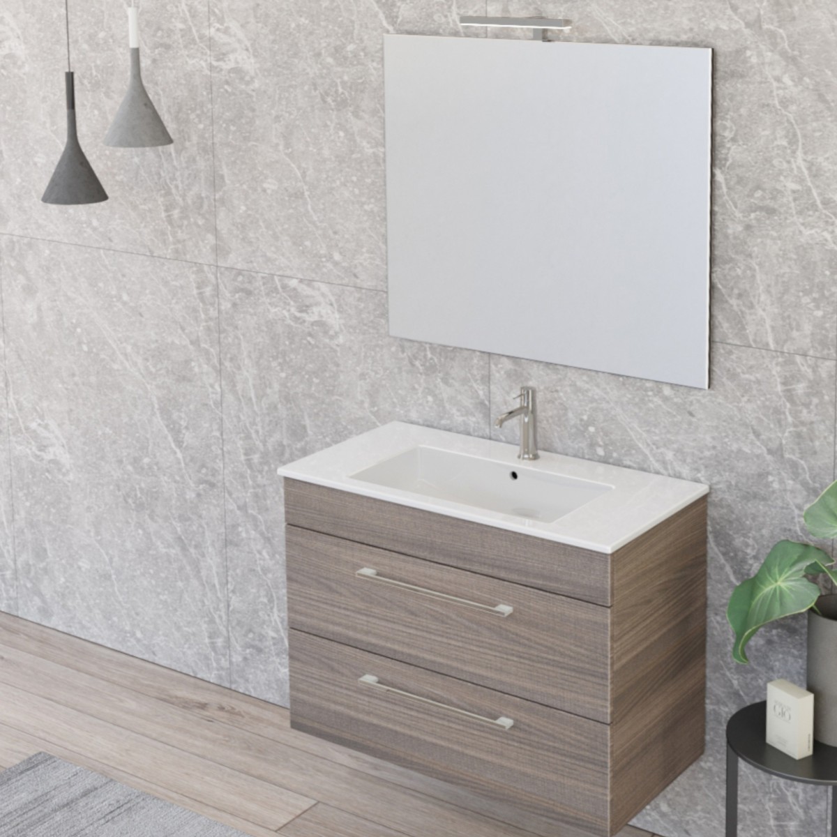 Meuble de salle de bain suspendu 80cm avec miroir finition orme EASY