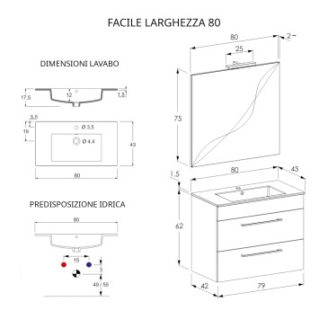 Meuble de salle de bain suspendu 80cm avec miroir finition orme EASY