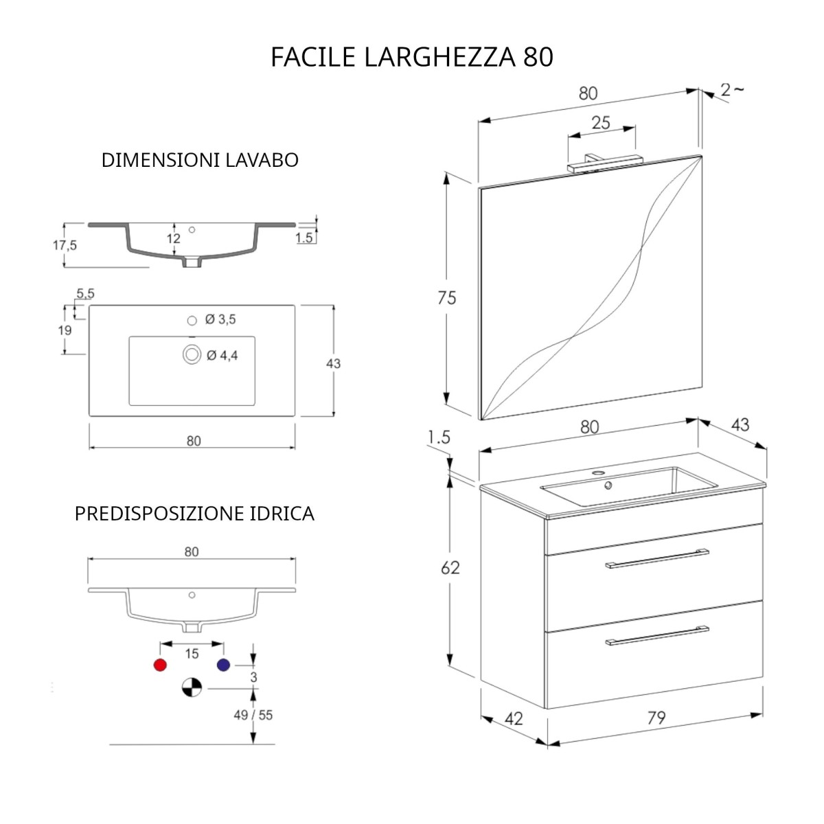 Hängender Badezimmerschrank, 80 cm, mit FACILE-Spiegel in Ulmenoptik