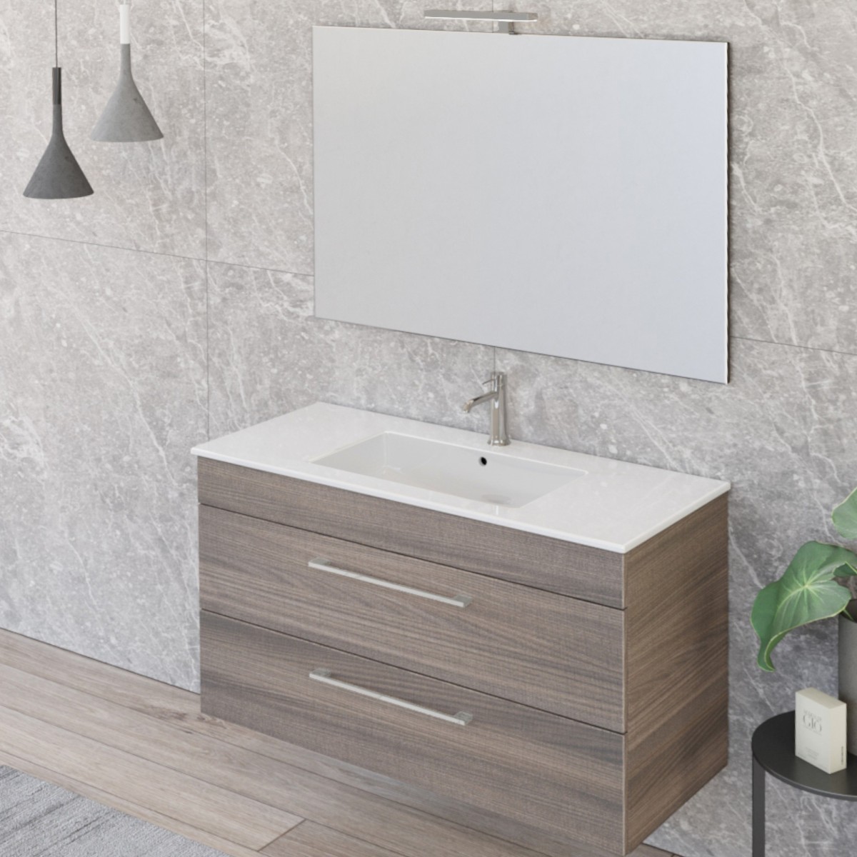 Meuble de salle de bain suspendu 100cm avec miroir finition orme EASY