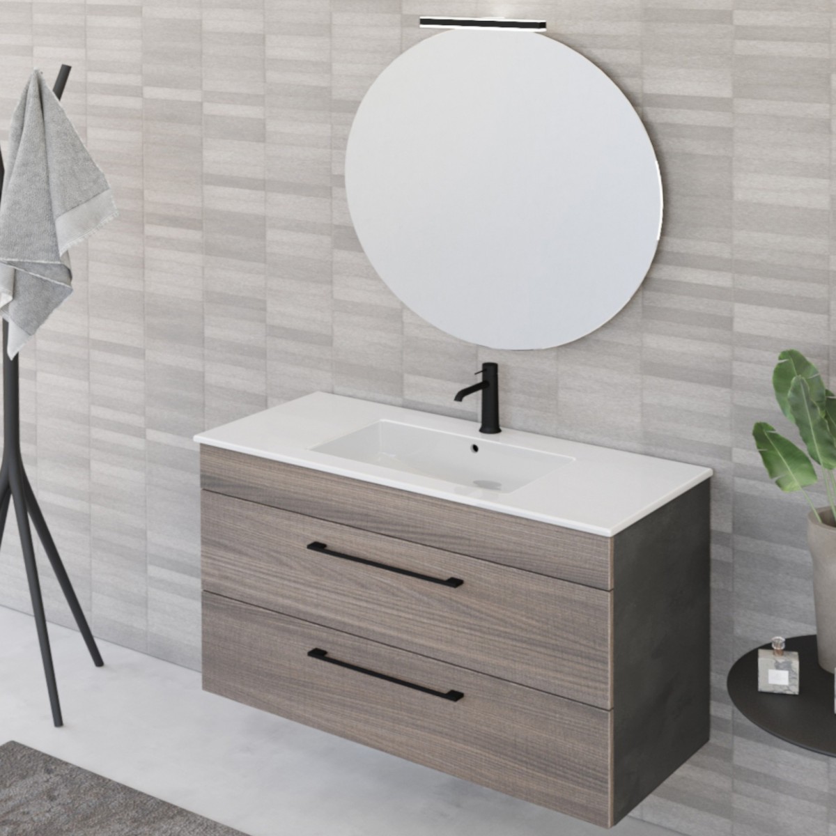 Meuble de salle de bain suspendu 100cm avec miroir finition orme et lave EASY