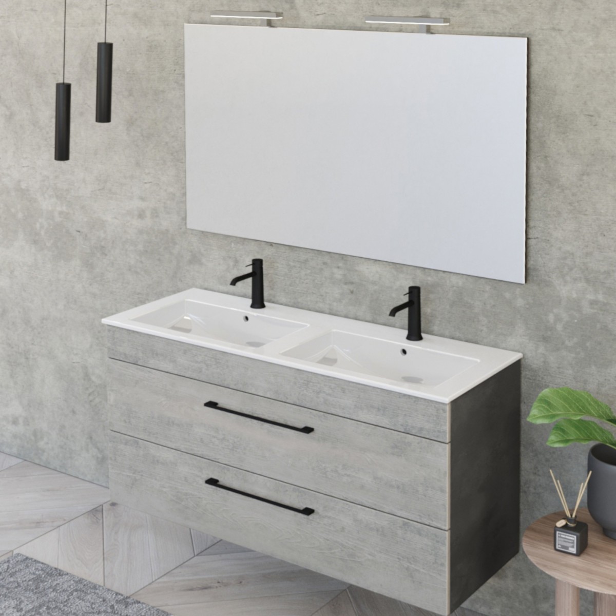 Meuble de salle de bain suspendu 118cm avec miroir béton, bois et lave EASY