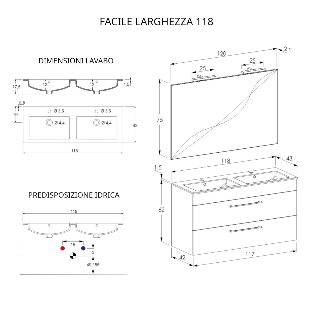 Meuble de salle de bain suspendu 118cm avec miroir béton, bois et lave EASY