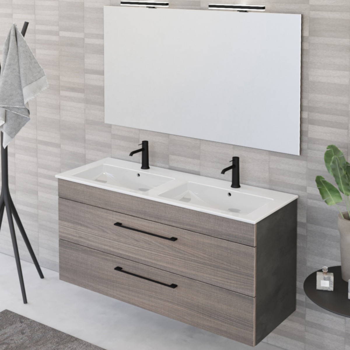 Meuble de salle de bain suspendu 118cm avec miroir finition orme et lave EASY