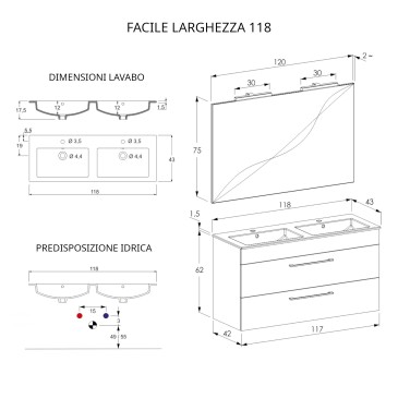 Meuble de salle de bain suspendu 118cm avec miroir finition orme et lave EASY