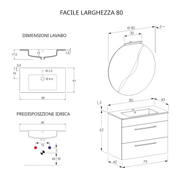 80 cm langer hängender Badezimmerschrank mit weißem Ulmenspiegel und FACILE-Lava