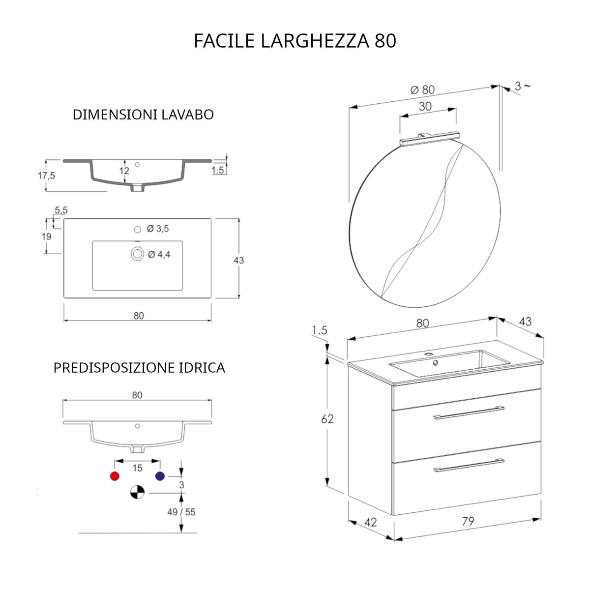 Meuble de salle de bain suspendu 80cm avec miroir en orme blanc et lave EASY