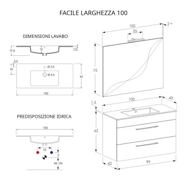 Meuble de salle de bain suspendu 100cm avec miroir finition orme EASY