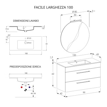 100 cm langer hängender Badezimmerschrank mit Spiegel in Ulmenoptik und FACILE-Lava