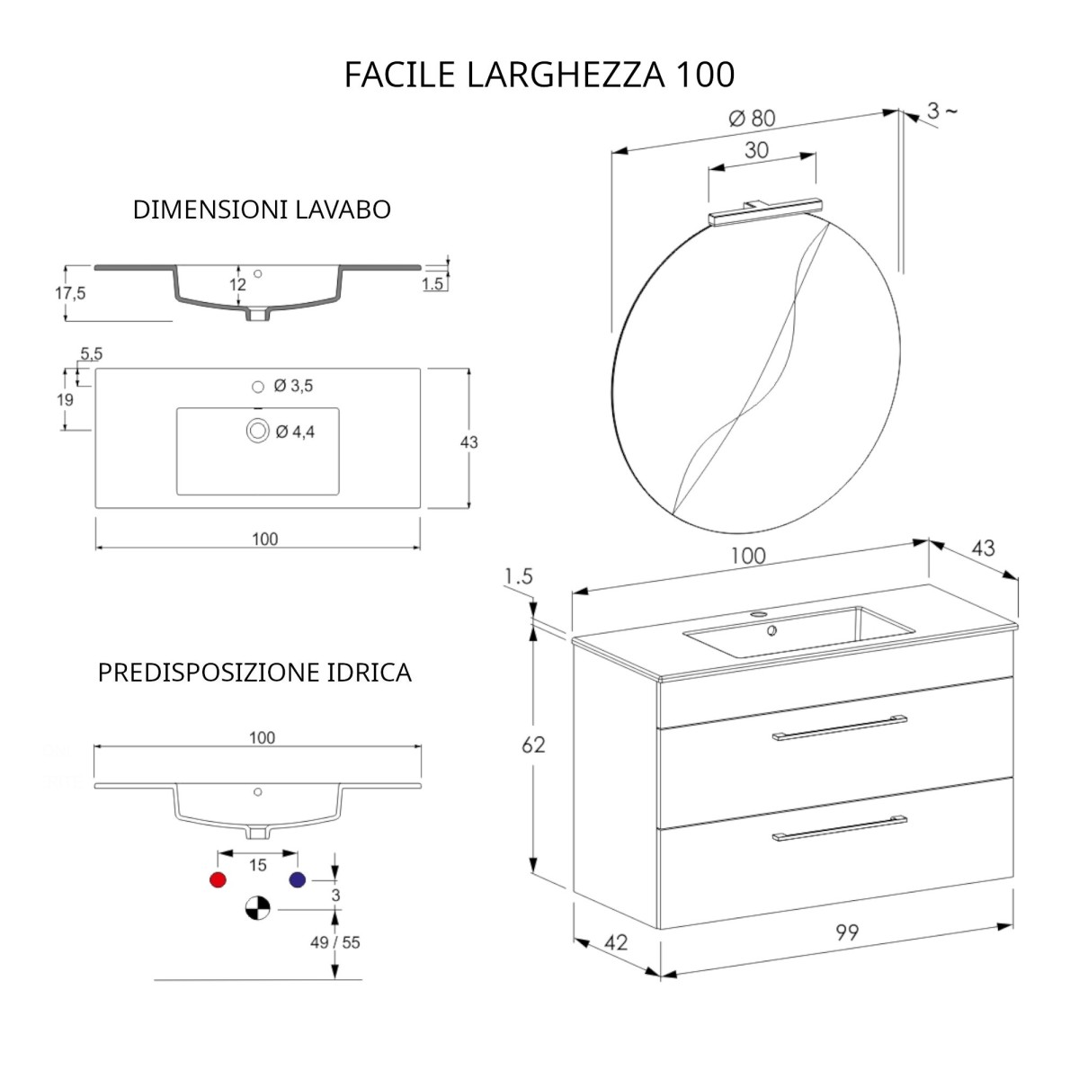 100 cm langer hängender Badezimmerschrank mit Spiegel in Ulmenoptik und FACILE-Lava