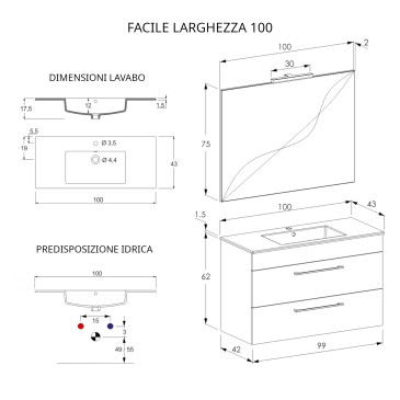 Hängender Badezimmerschrank 100 cm mit Spiegel, Beton, Holz und FACILE Lava