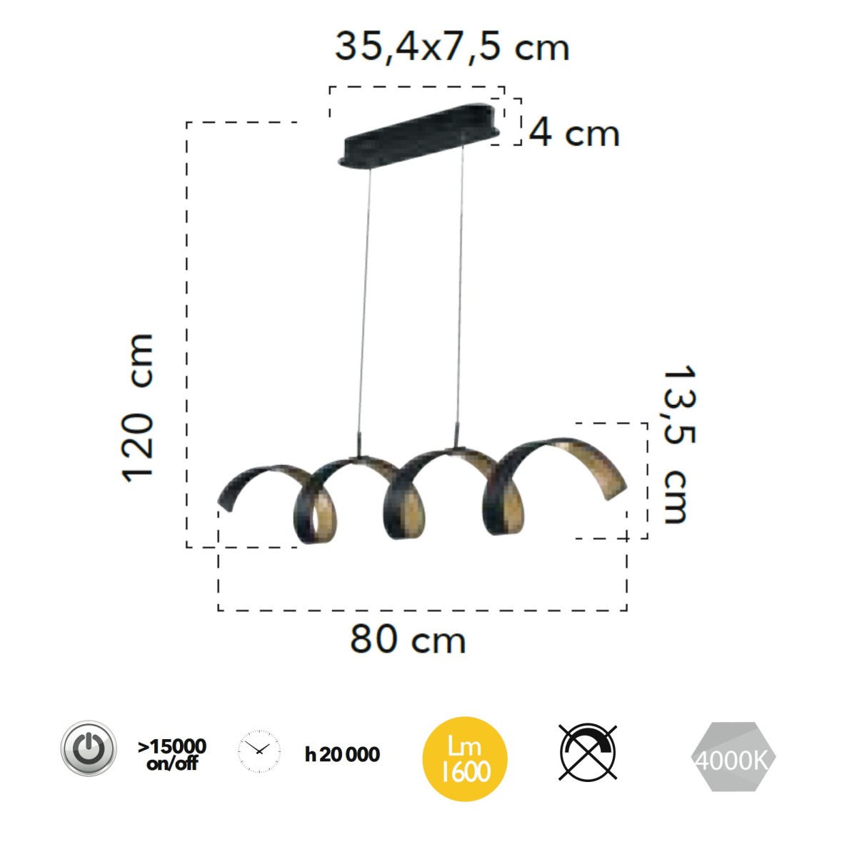 HELIX S4 LED NER 8031440362764 Ventilateur Europe Éclairage Lustre Ruban Noir et Or 4 Lumières HELIX