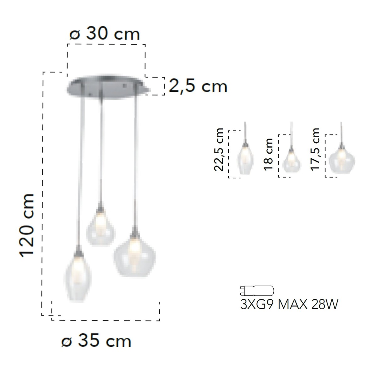 Lampada a 3 sospensioni 28W 3xG9 trasparente BLINDER. Lampadario moderno in metallo e vetro.