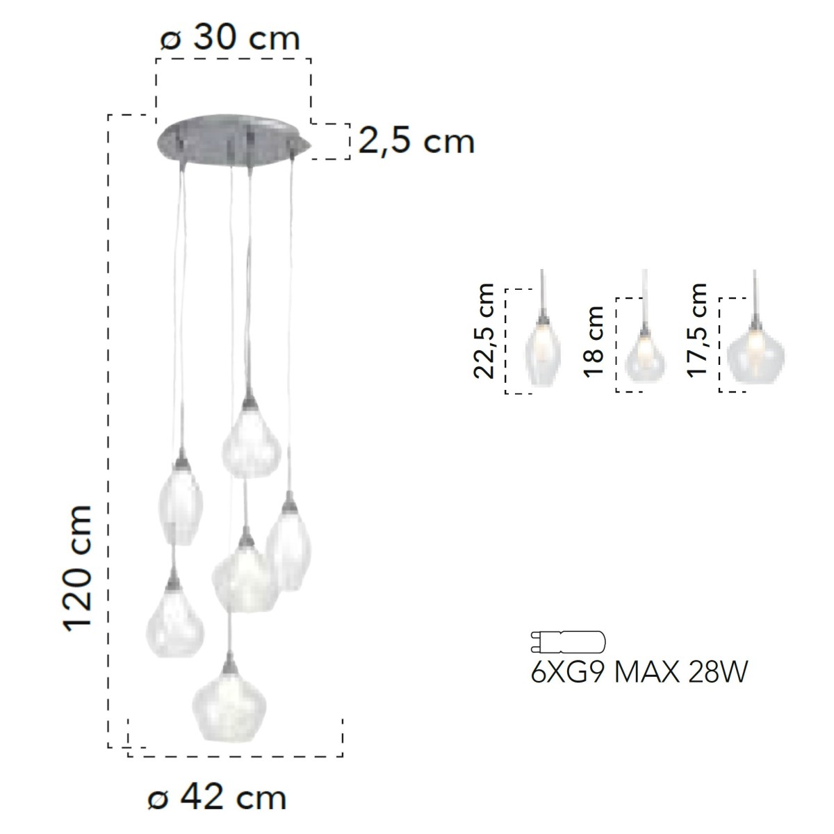 Lampada a 6 sospensioni 28W 6xG9 trasparente BLINDER. Lampadario moderno in metallo e vetro.